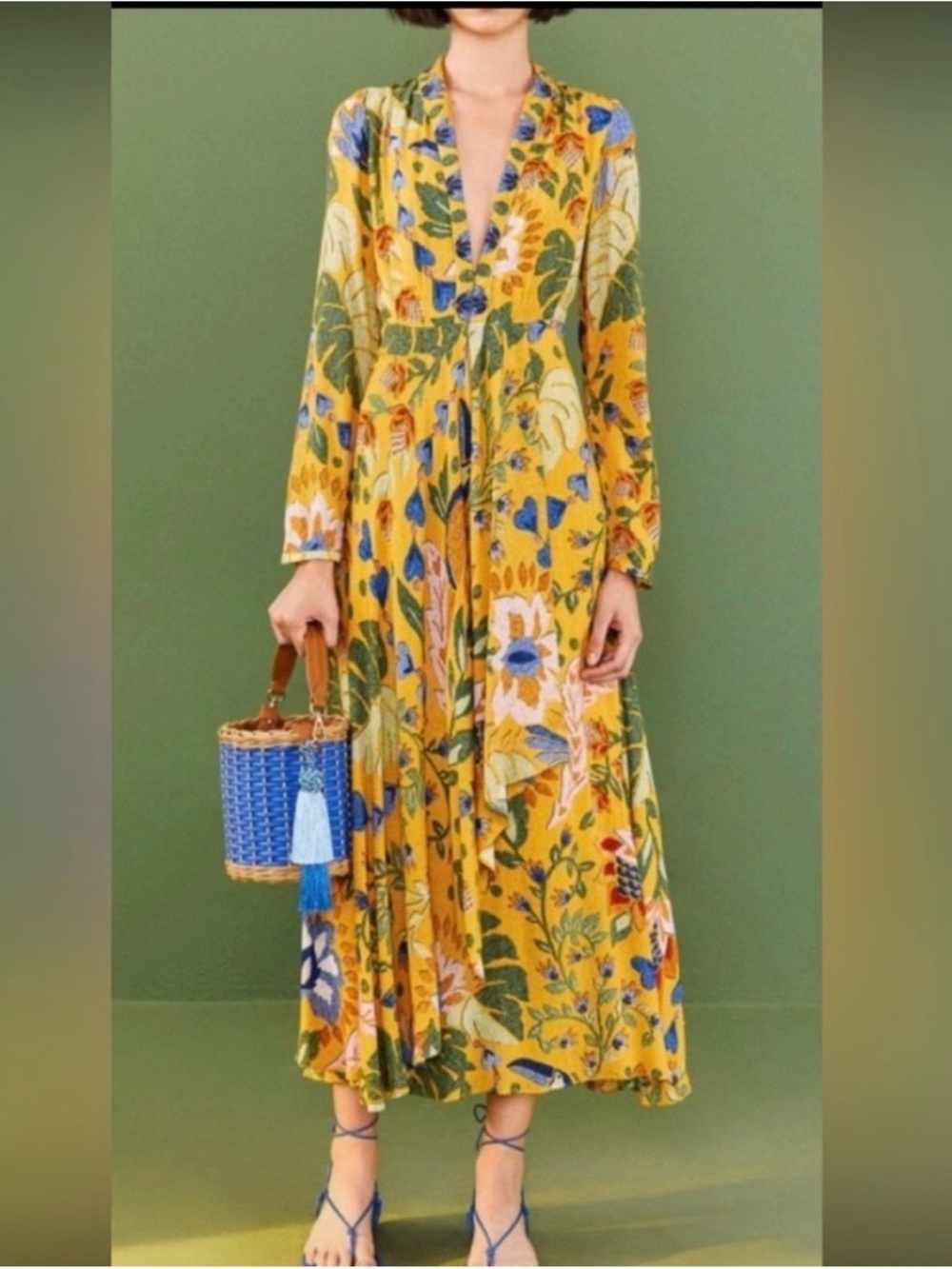 FARM Rio summer Garden Yellow Floral V-Neck Long-Sleeve Maxi Dress NWT - Picture 2 of 10
